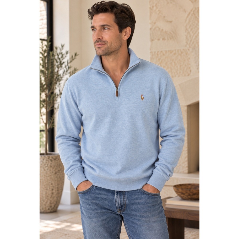 Polo Ralph Lauren Estate Rib Quarter Zip Pony Pullover Blue Cotton Mens 2XL